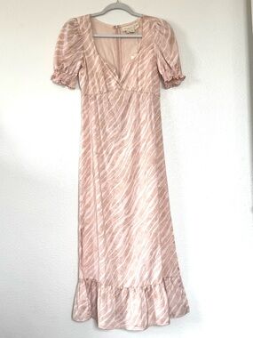 Saltwater Luxe Satin Midi Dress Puff Sleeve Ruffled Sand Anthropologie XS NEW